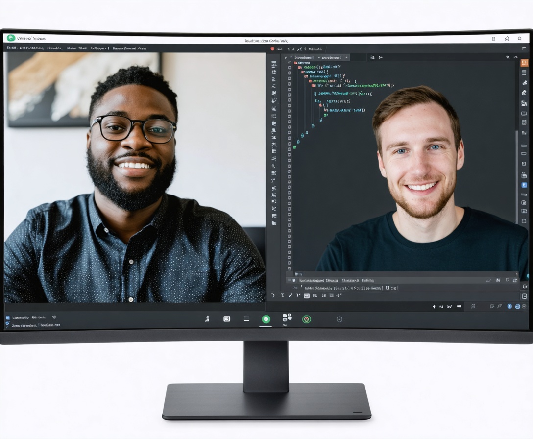 Bildschirmansicht eines Video-Calls mit zwei Personen beim Programmieren