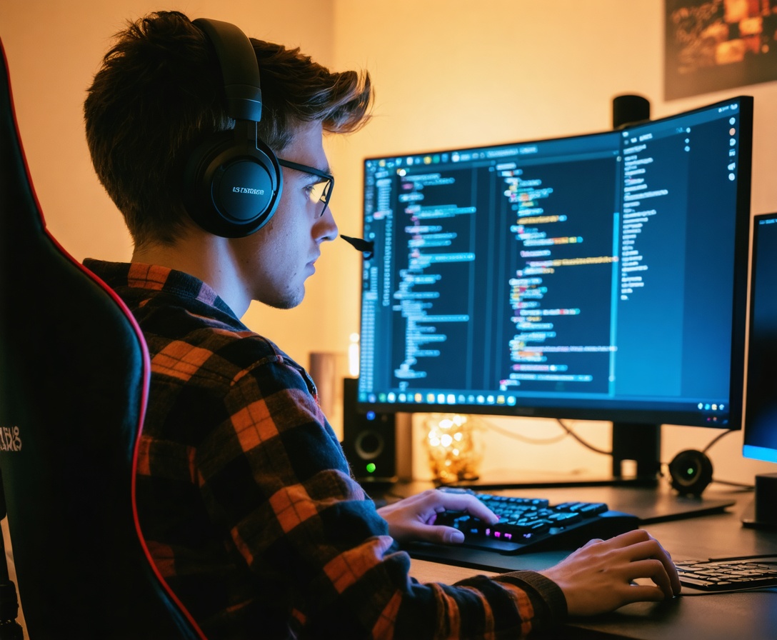 Student lernt konzentriert mit Kopfhörern und Dual-Monitor-Setup